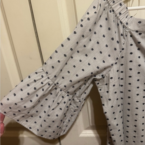 Banana Republic Swiss Dot Off Shoulder Dress Navy Blue Dots Belt Sz M Tall - Picture 7 of 15